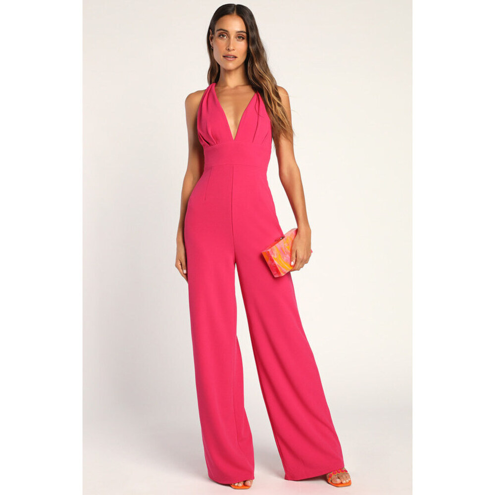 Lulus Signature Style Hot Pink Twist-back Wide-leg Jumpsuit - Size L